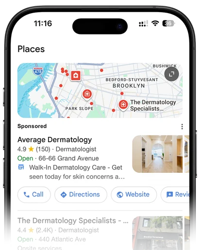 iPhone showing a sponsored Google Maps listing for a specialty practice