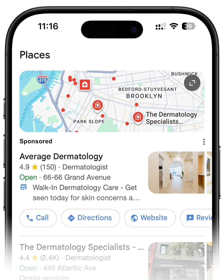 Mobile Google local results for a Brooklyn dermatology search, with a map, a sponsored listing, and an organic Map Pack listing.