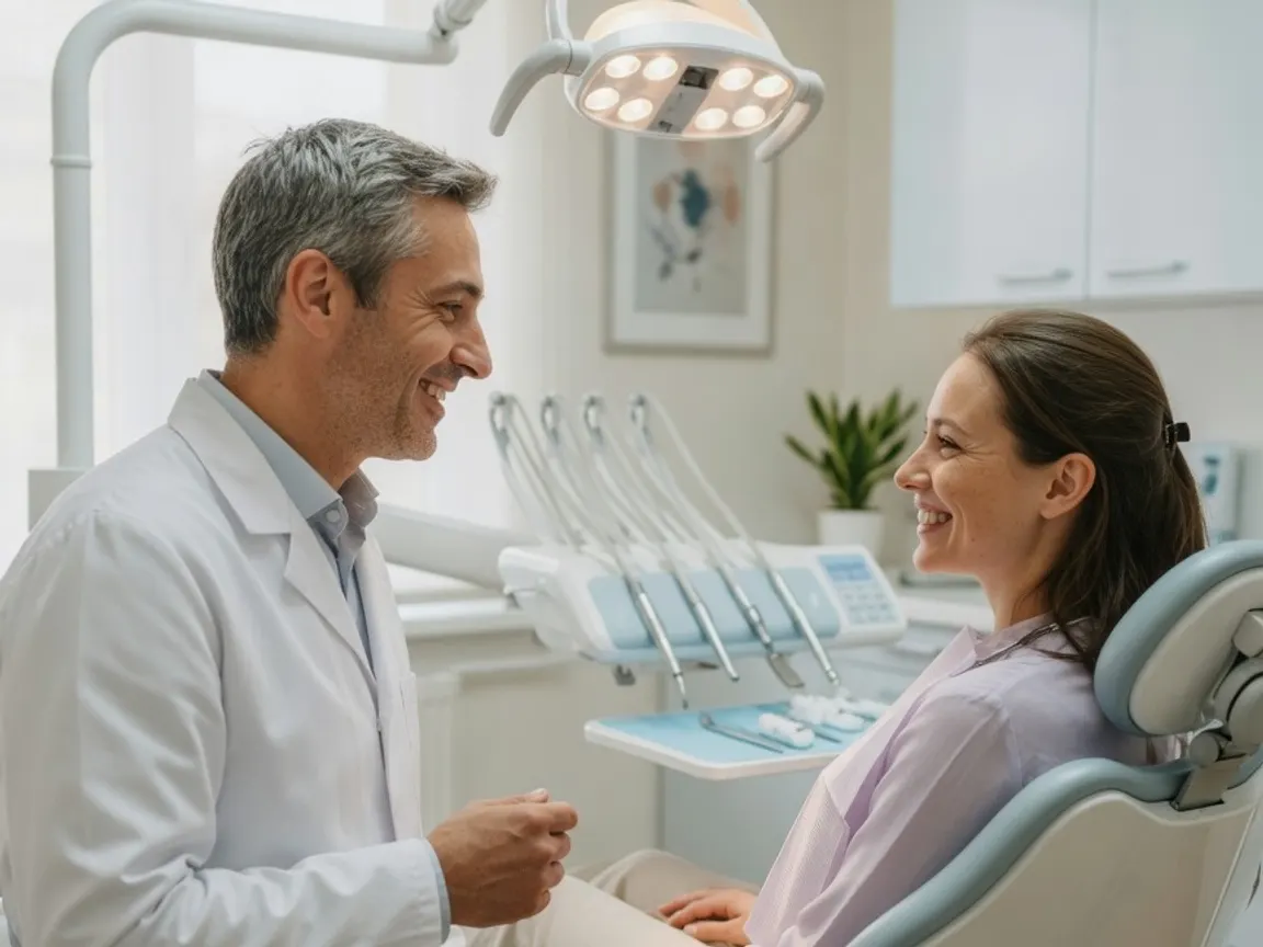 A doctor in a white coat talking with a smiling woman seated in a treatment chair