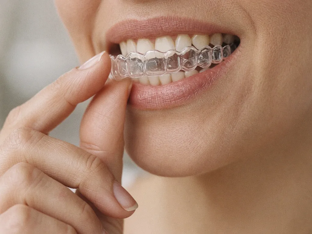 A woman seating a clear aligner on her upper teeth