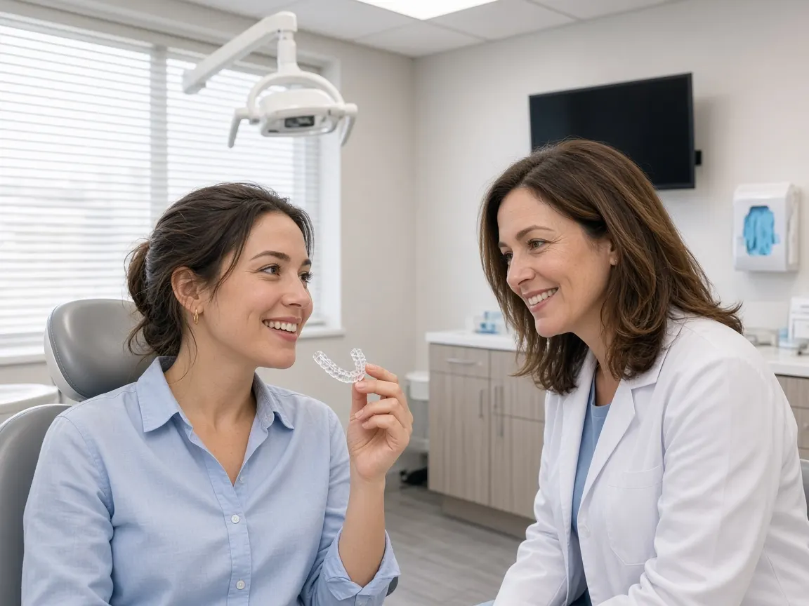 A smiling woman holding up a clear aligner tray next to her dentist