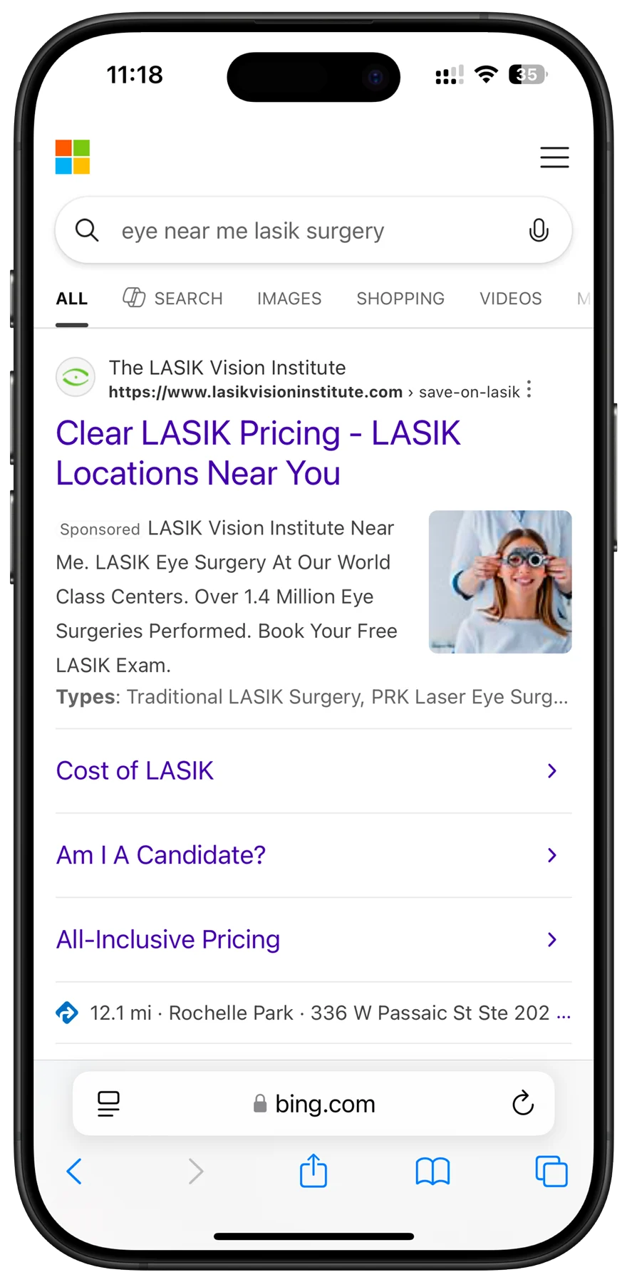 iPhone showing a sponsored Bing search result