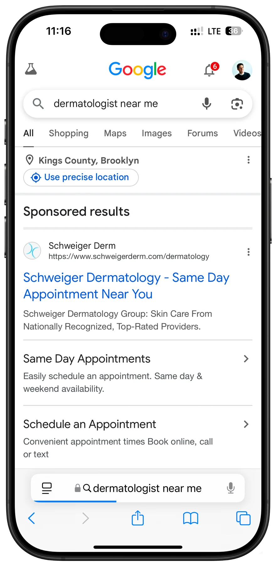 iPhone showing a sponsored Google search result