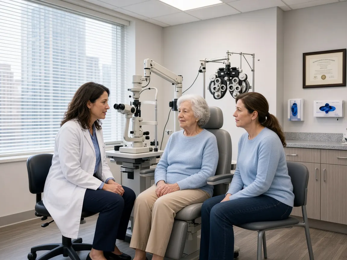 An ophthalmologist talking with an older woman in an exam chair and her adult daughter beside her
