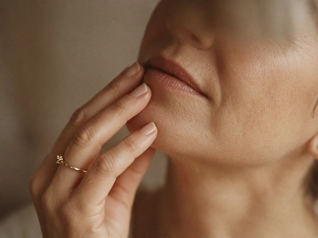 Close-up of a woman’s lower face, her hand resting on her chin