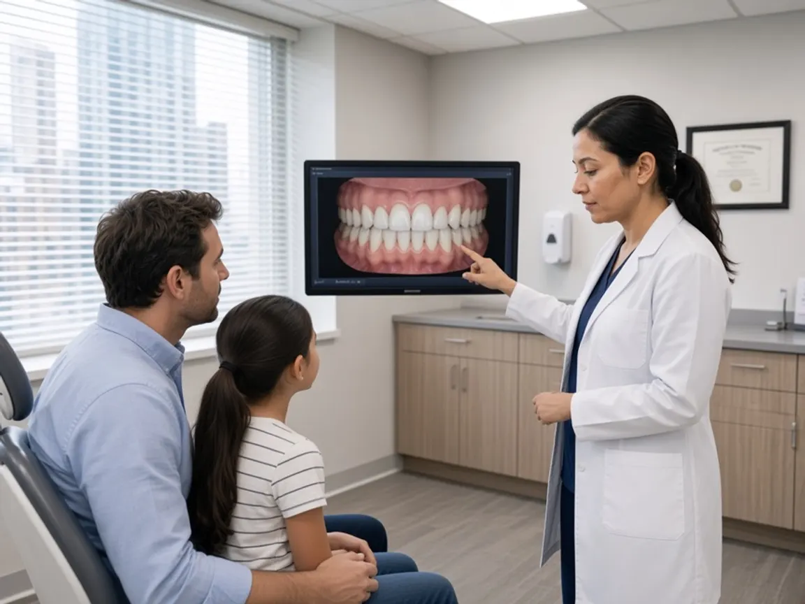 An orthodontist pointing at a 3D scan of teeth on a monitor while a father and his daughter listen