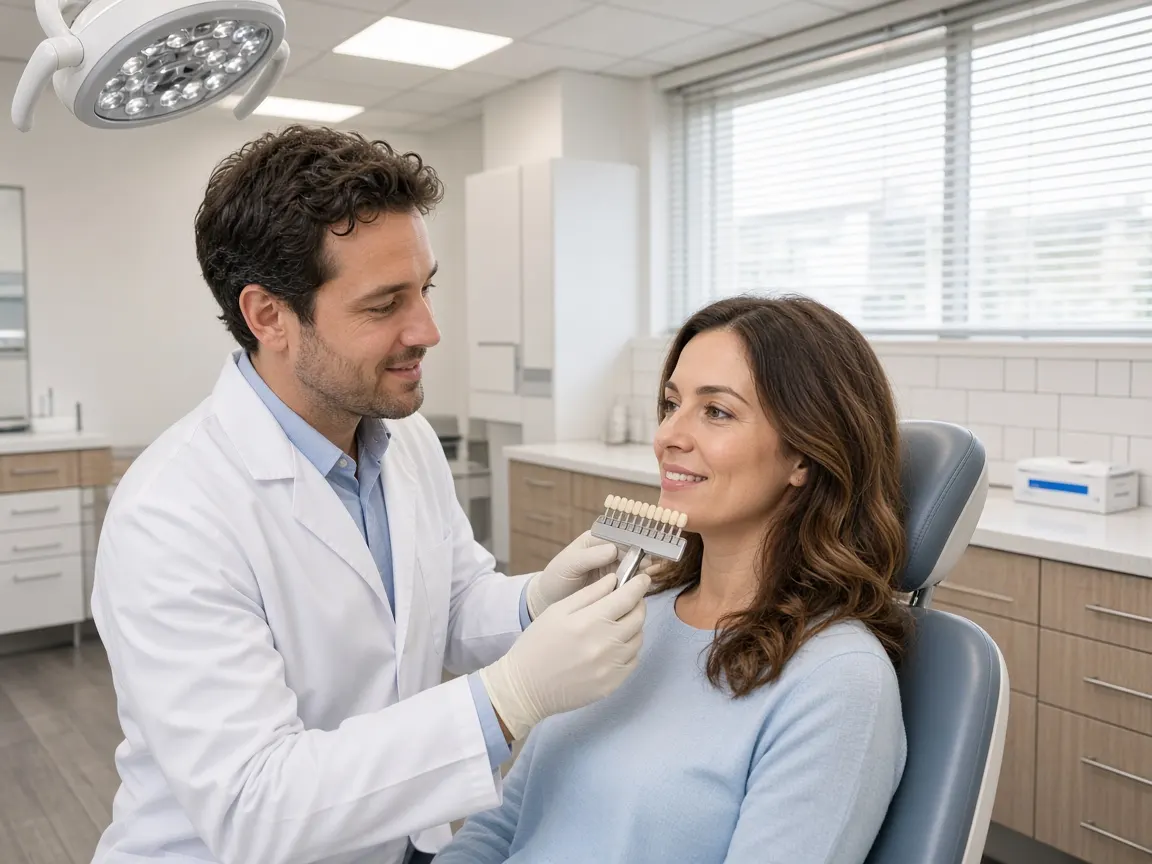 A dentist holding a shade guide up to a woman’s smile to match the veneer color