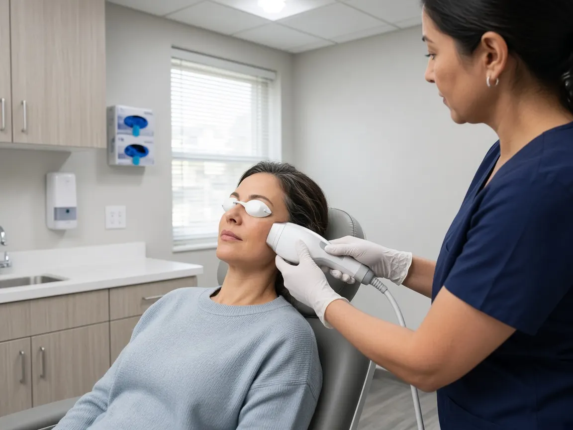 A woman wearing protective eye shields while a clinician holds an IPL handpiece near her cheekbone