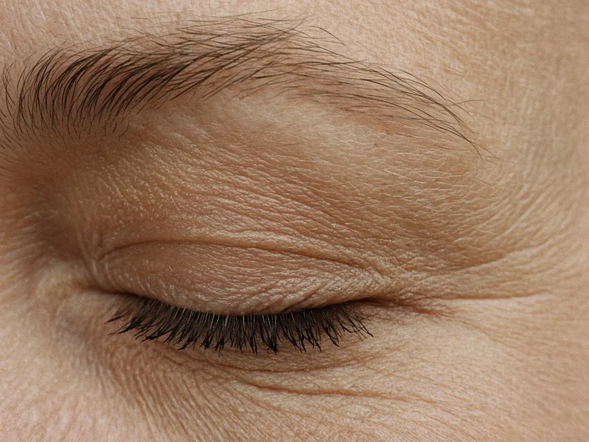 Close-up of a closed eye, the upper lid, and the eyebrow