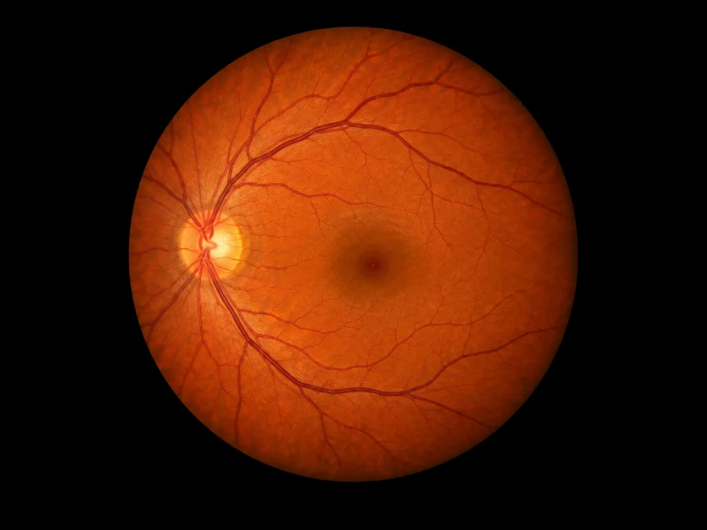 Fundus photograph of a healthy retina, showing the optic disc, the blood vessels and the macula