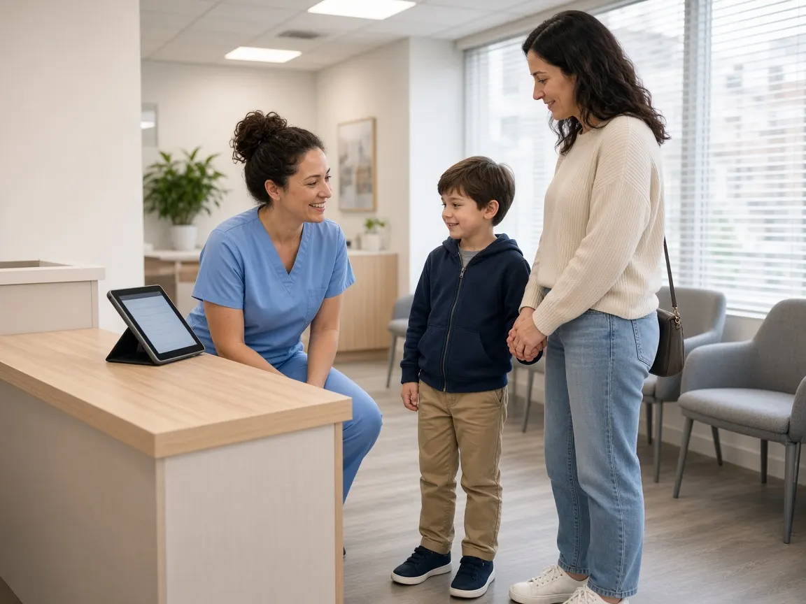 A dental hygienist greeting a mother and her young son at the practice reception