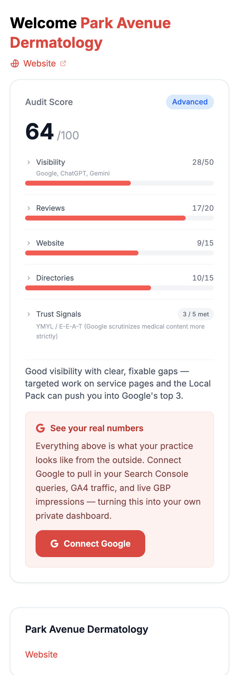 Appeario Radar — audit score, visibility, reviews, and directories