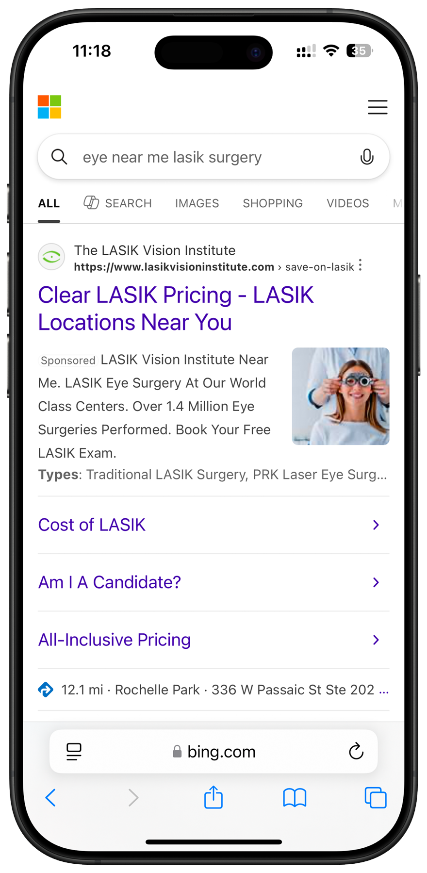 iPhone showing a sponsored Bing search result
