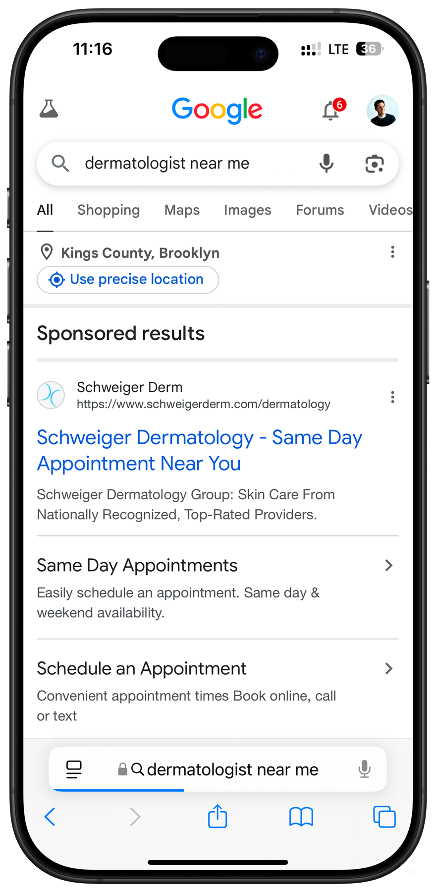 iPhone showing a sponsored Google search result