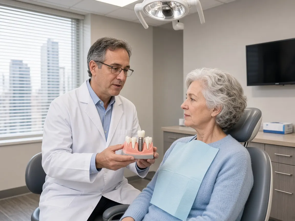 A dentist explaining a dental implant on a jaw model to a woman in her sixties