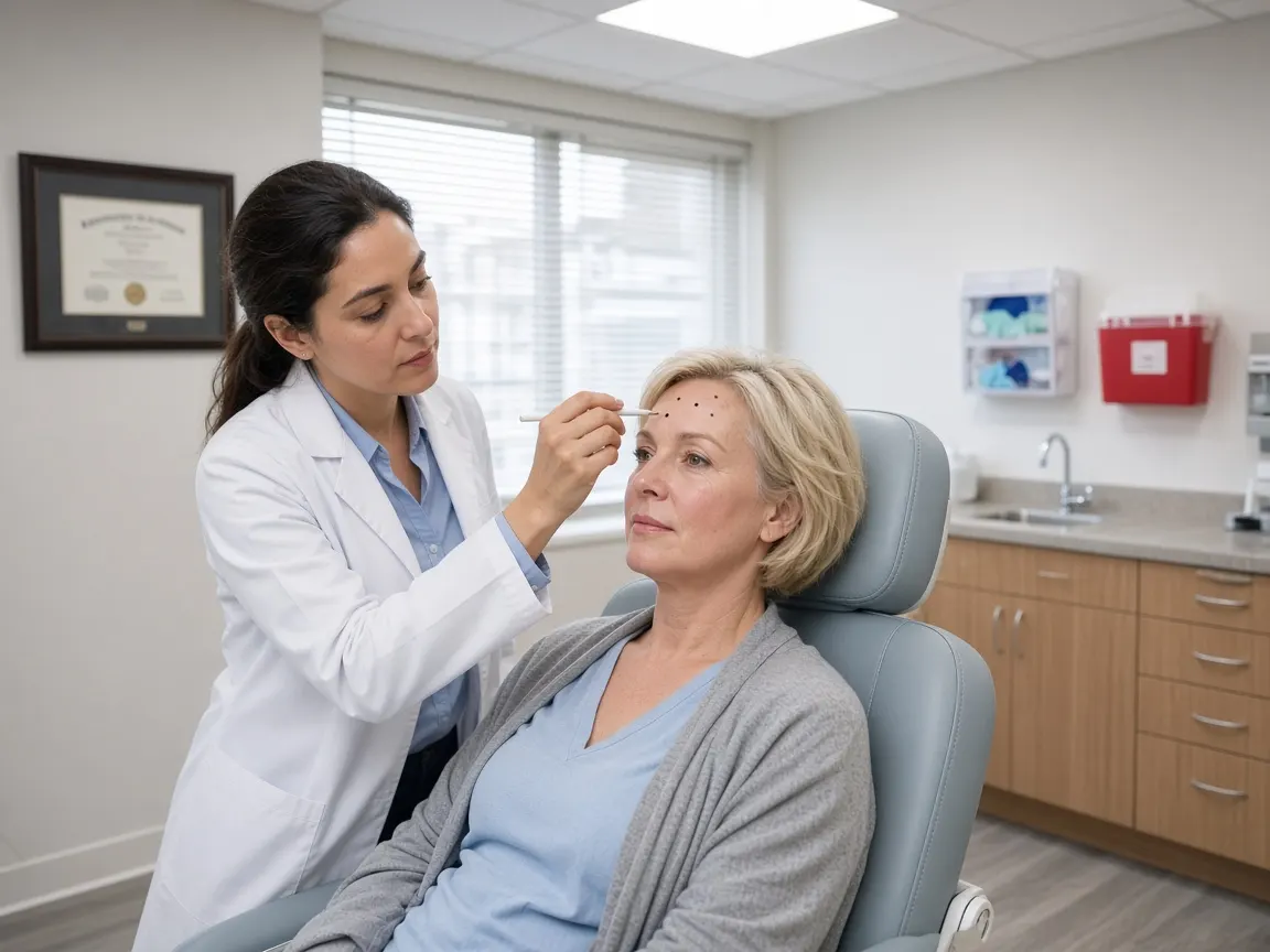 A dermatologist marking injection points on a woman’s forehead before a neurotoxin treatment