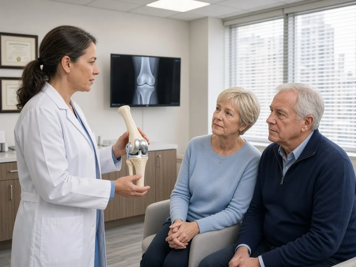 An orthopedic surgeon showing a knee implant model to a couple in their late sixties