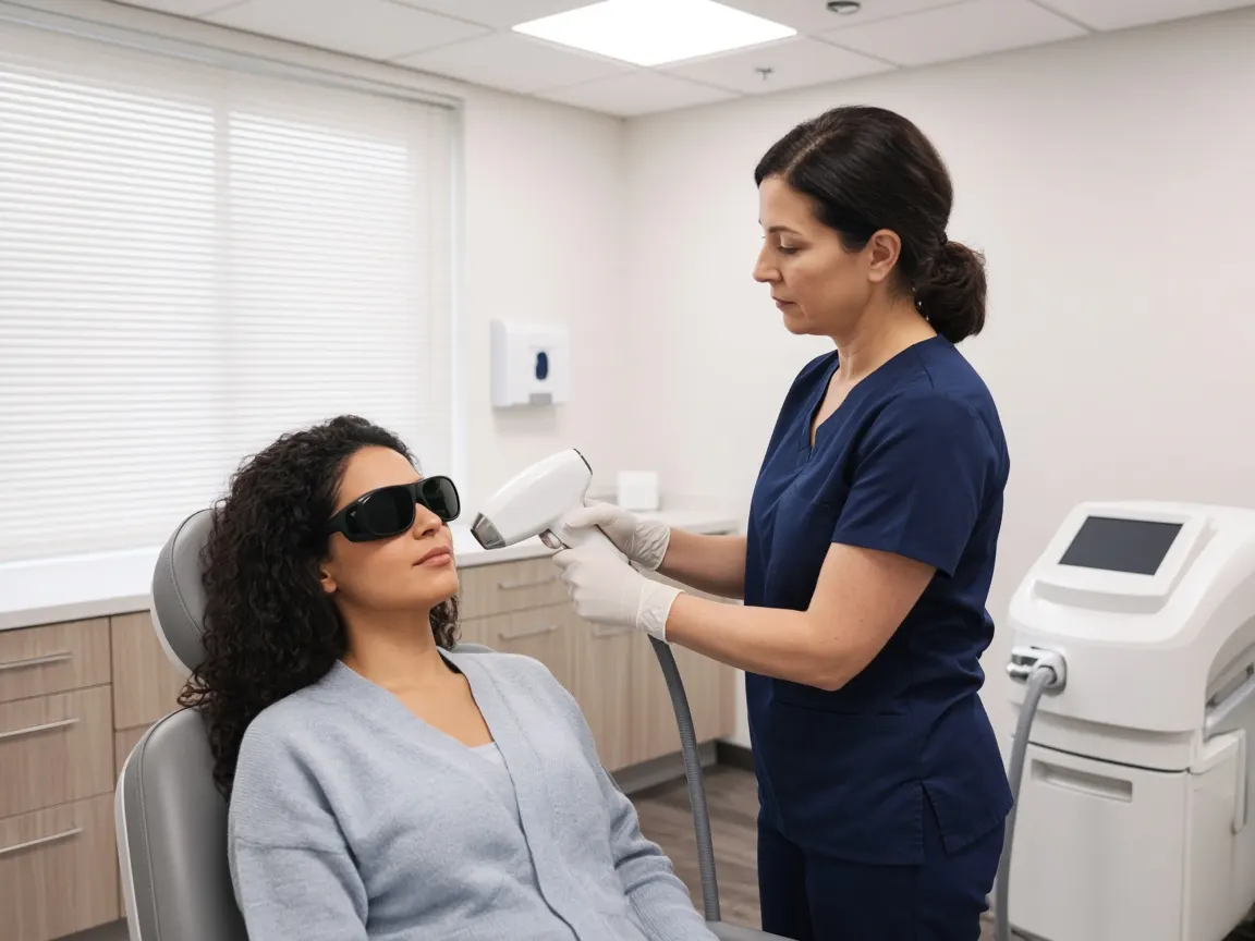 A woman wearing protective goggles while a gloved clinician holds a laser handpiece near her face