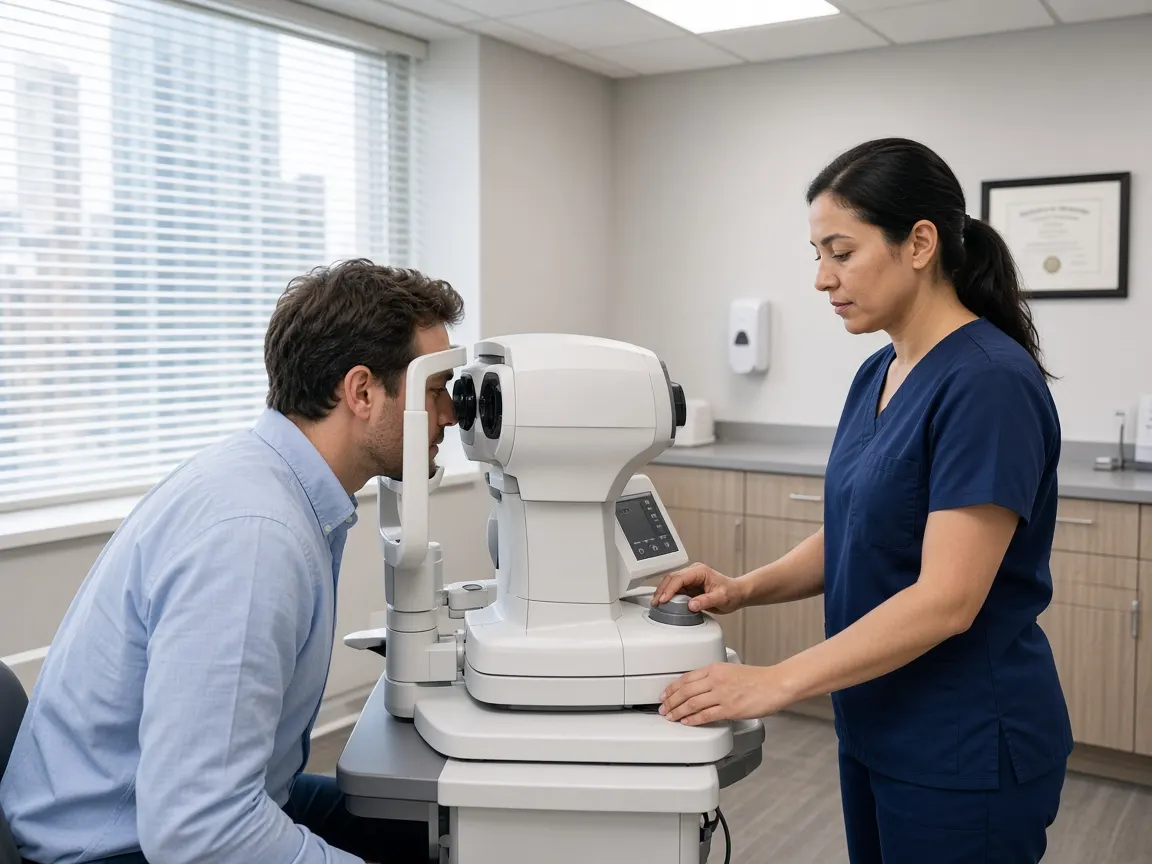 A man resting his chin on a corneal topography device while a technician adjusts the controls