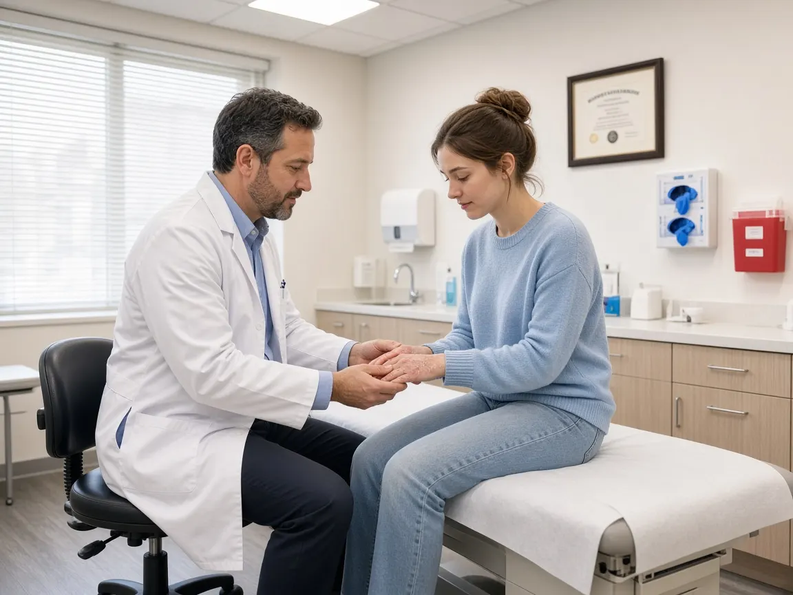 A dermatologist discussing a treatment plan with a young woman who has mild eczema on her hands