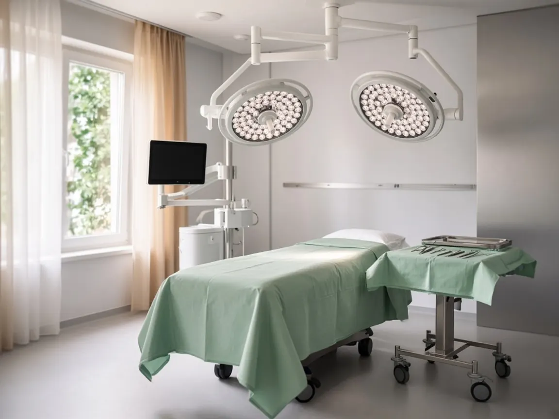 A small operating room with a draped table, instrument stand, and two surgical lights