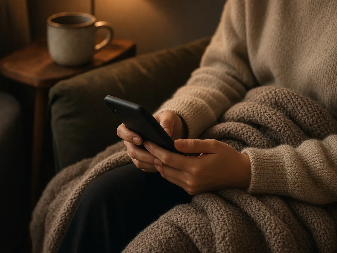 A person on a couch at night, reading on a phone