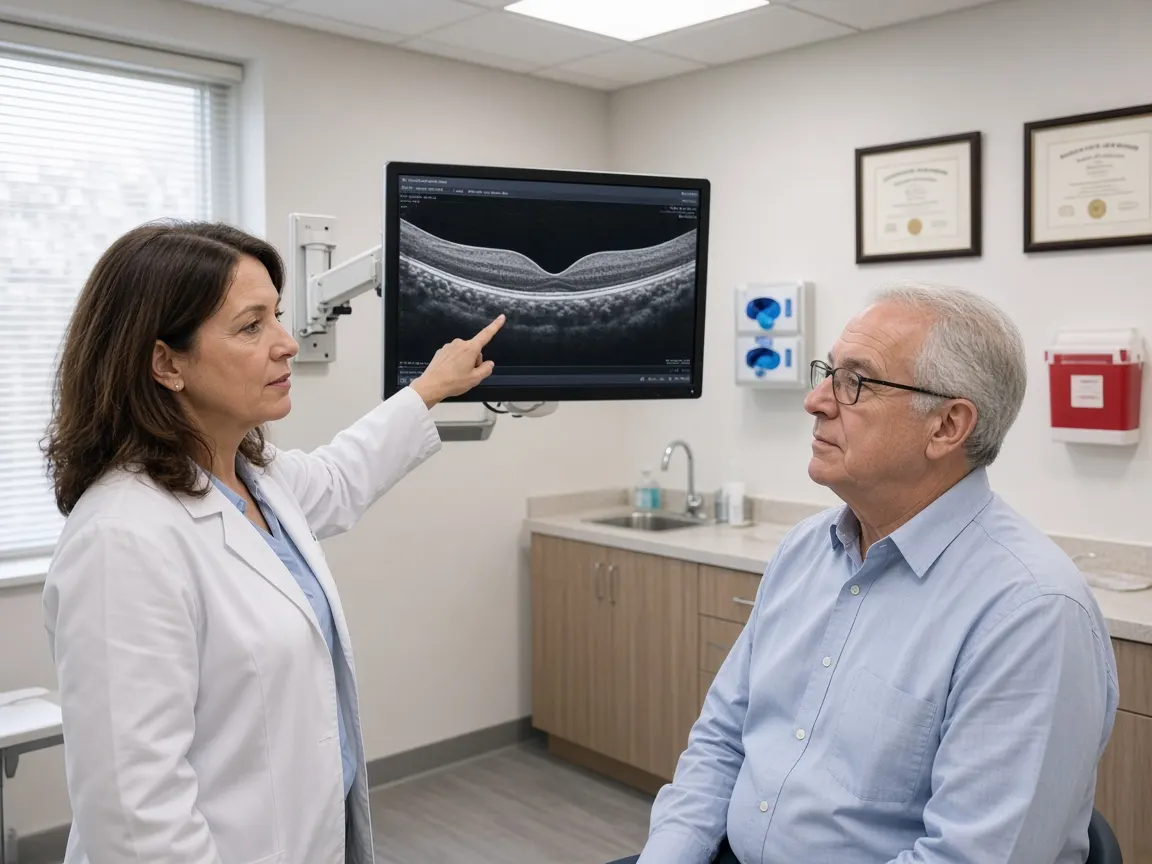 A retina specialist pointing at an OCT scan of the retinal layers on a monitor while an older man looks on