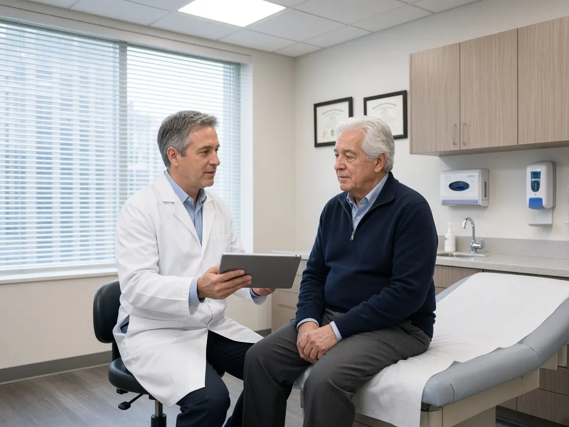 A Mohs surgeon explaining a biopsy result on a tablet to an older man