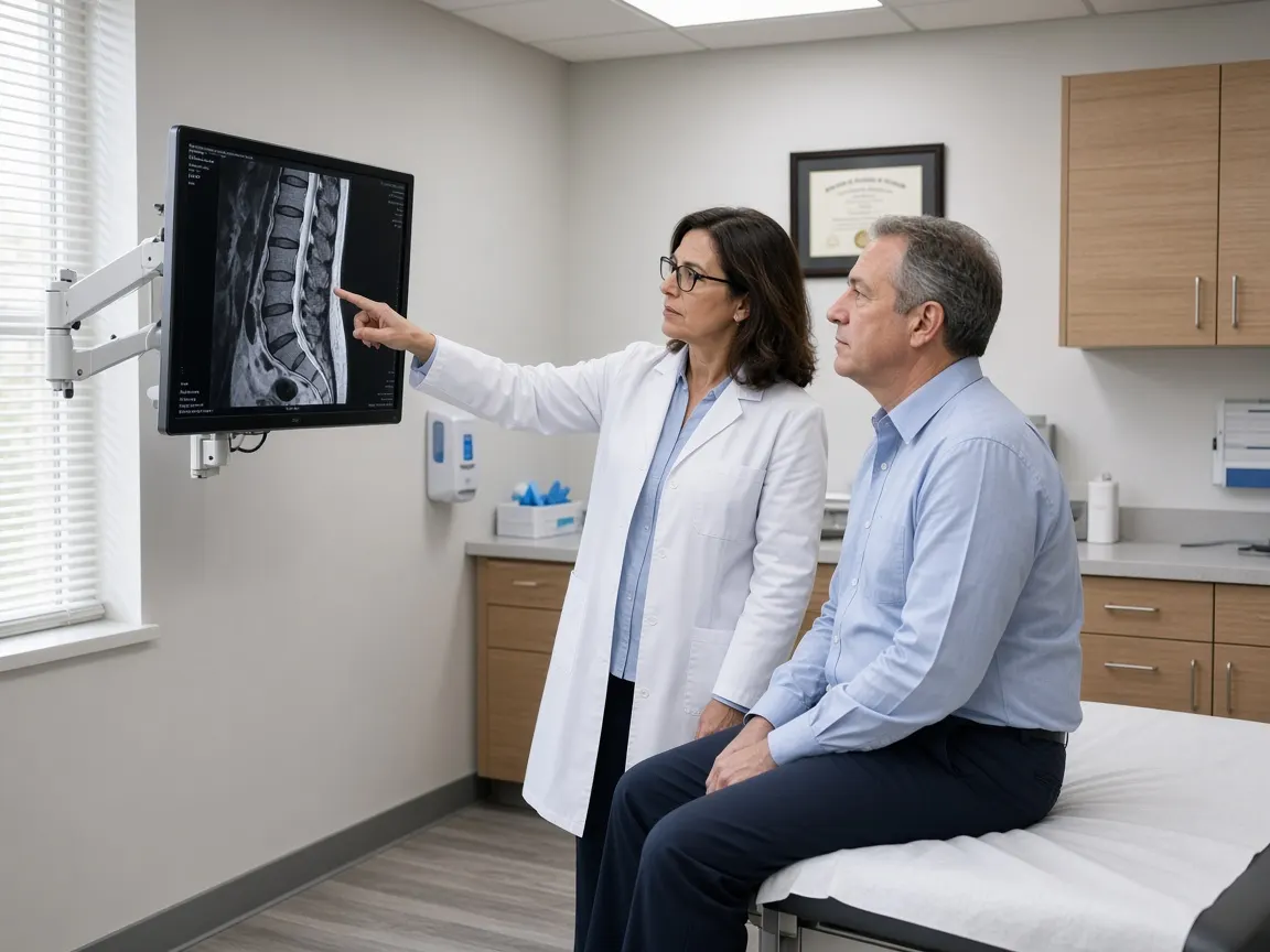A spine specialist reviewing a lumbar spine MRI on a monitor with a man in his fifties