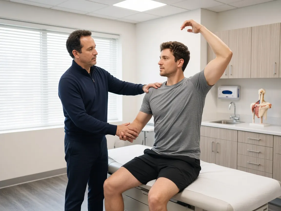 A sports medicine physician testing the shoulder range of motion of a young man seated on an exam table