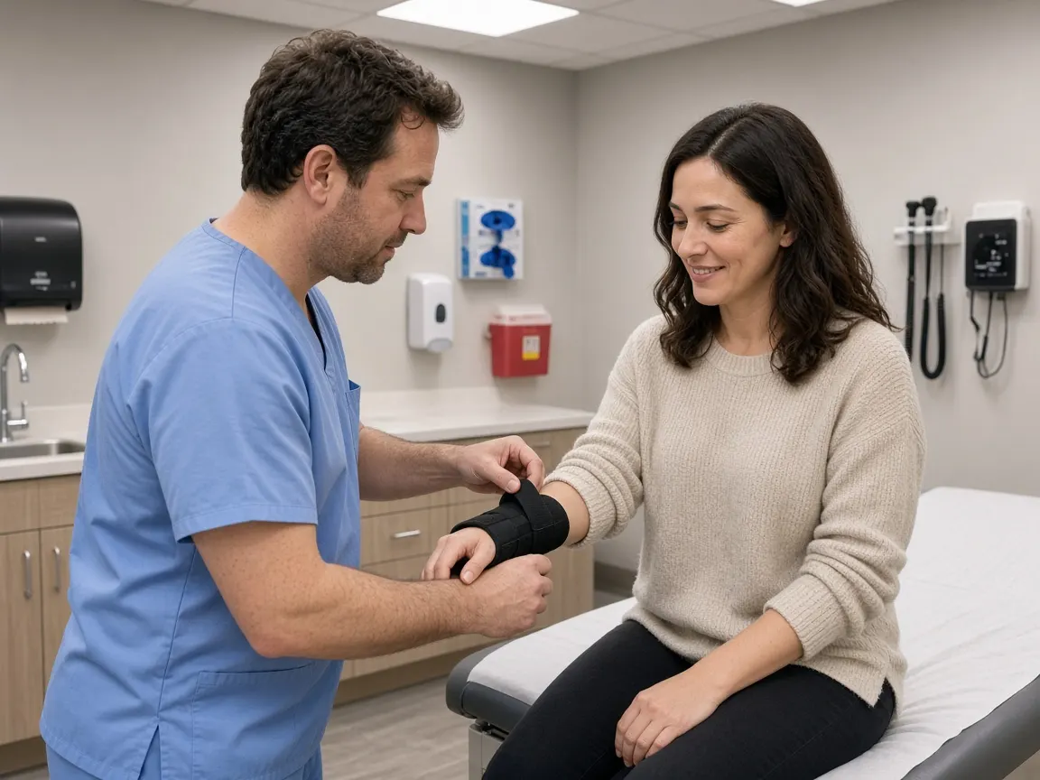 A clinician fitting a wrist brace on a woman at an orthopedic walk-in clinic